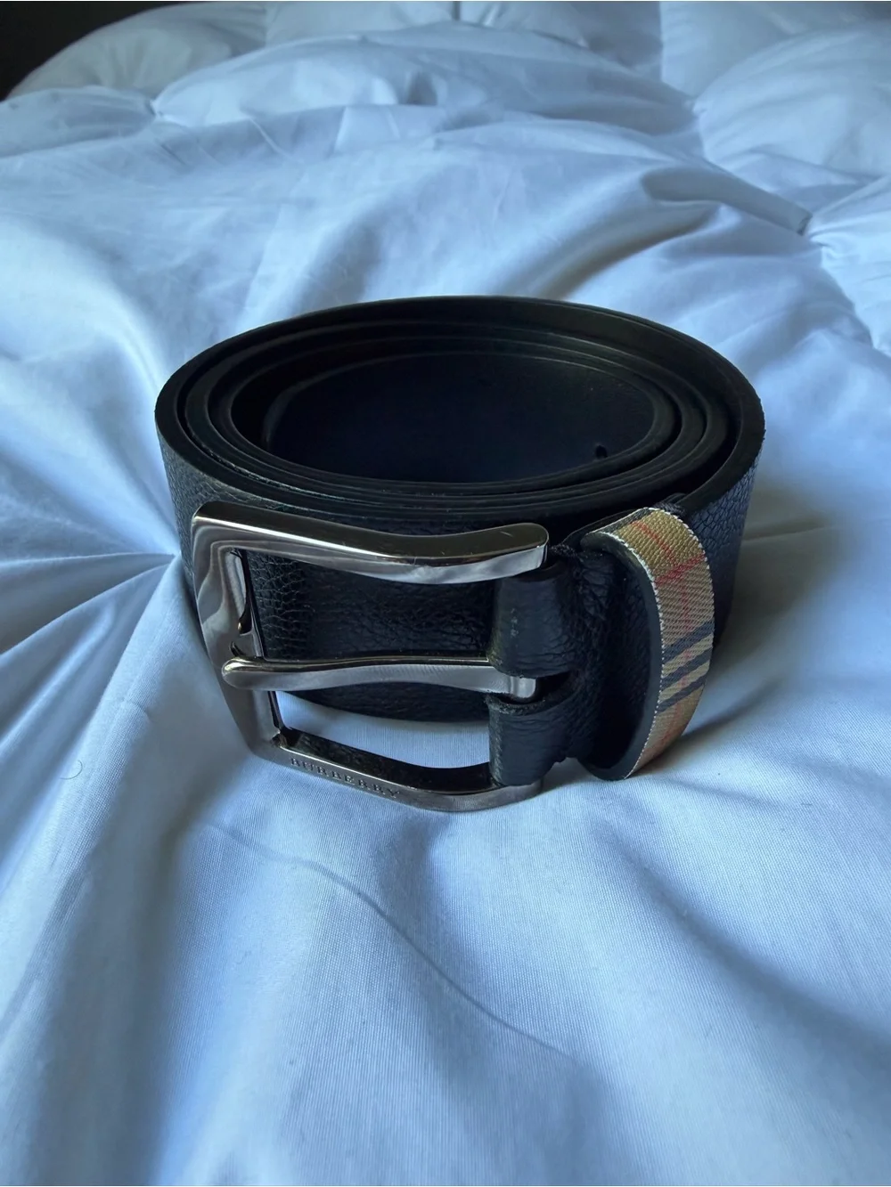 Men's Black Leather Burberry Belt with Checkered Loop